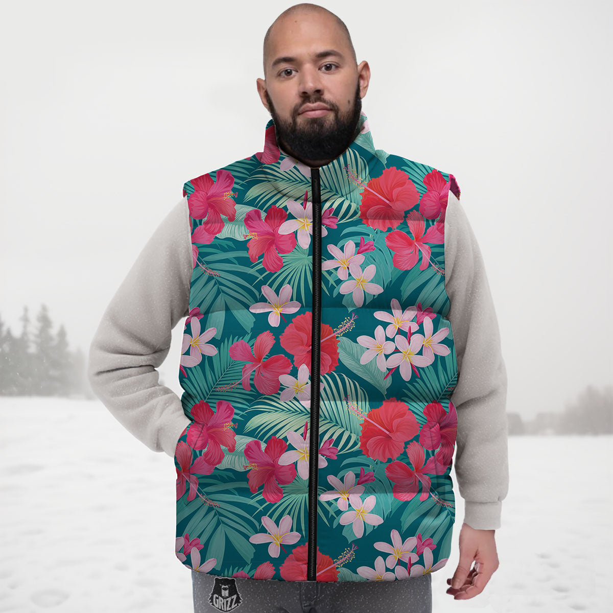 Aloha Hawaiian Flower Print Down Vest-grizzshop