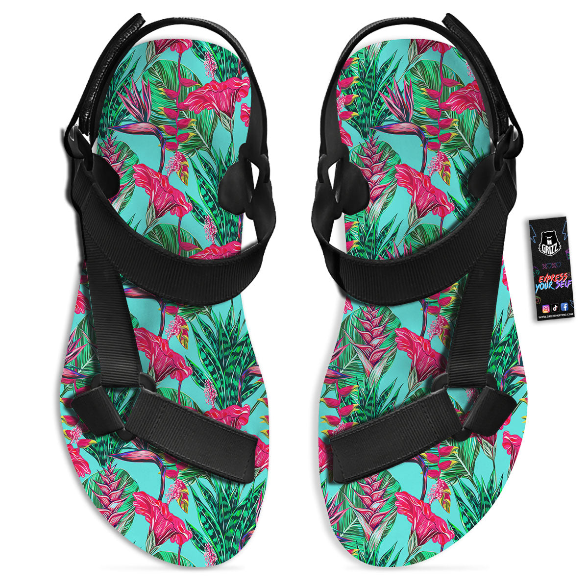 Aloha Hibiscus Hot Teal Pink Print Pattern Black Open Toe Sandals-grizzshop