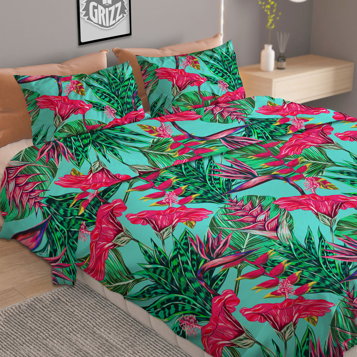Aloha Hibiscus Hot Teal Pink Print Pattern Duvet Cover Bedding Set