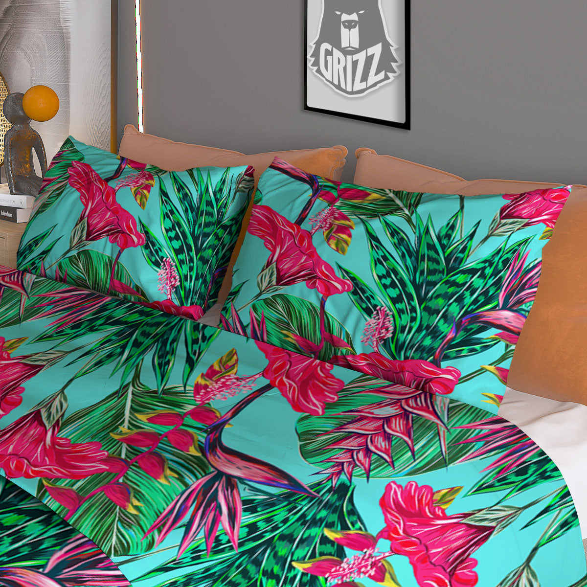 Aloha Hibiscus Hot Teal Pink Print Pattern Duvet Cover Bedding Set