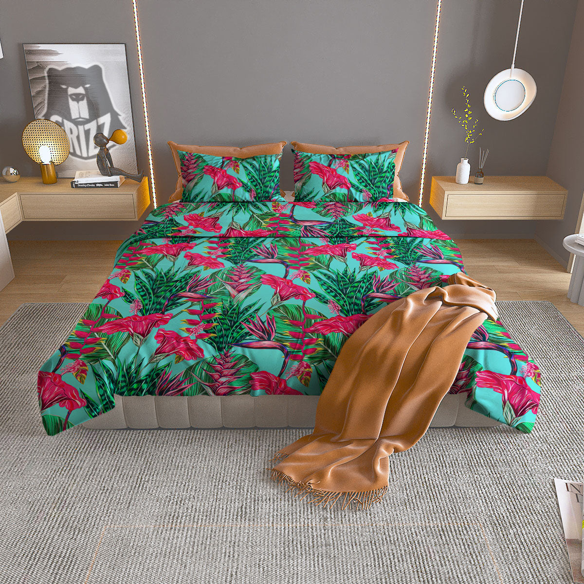 Aloha Hibiscus Hot Teal Pink Print Pattern Duvet Cover Bedding Set