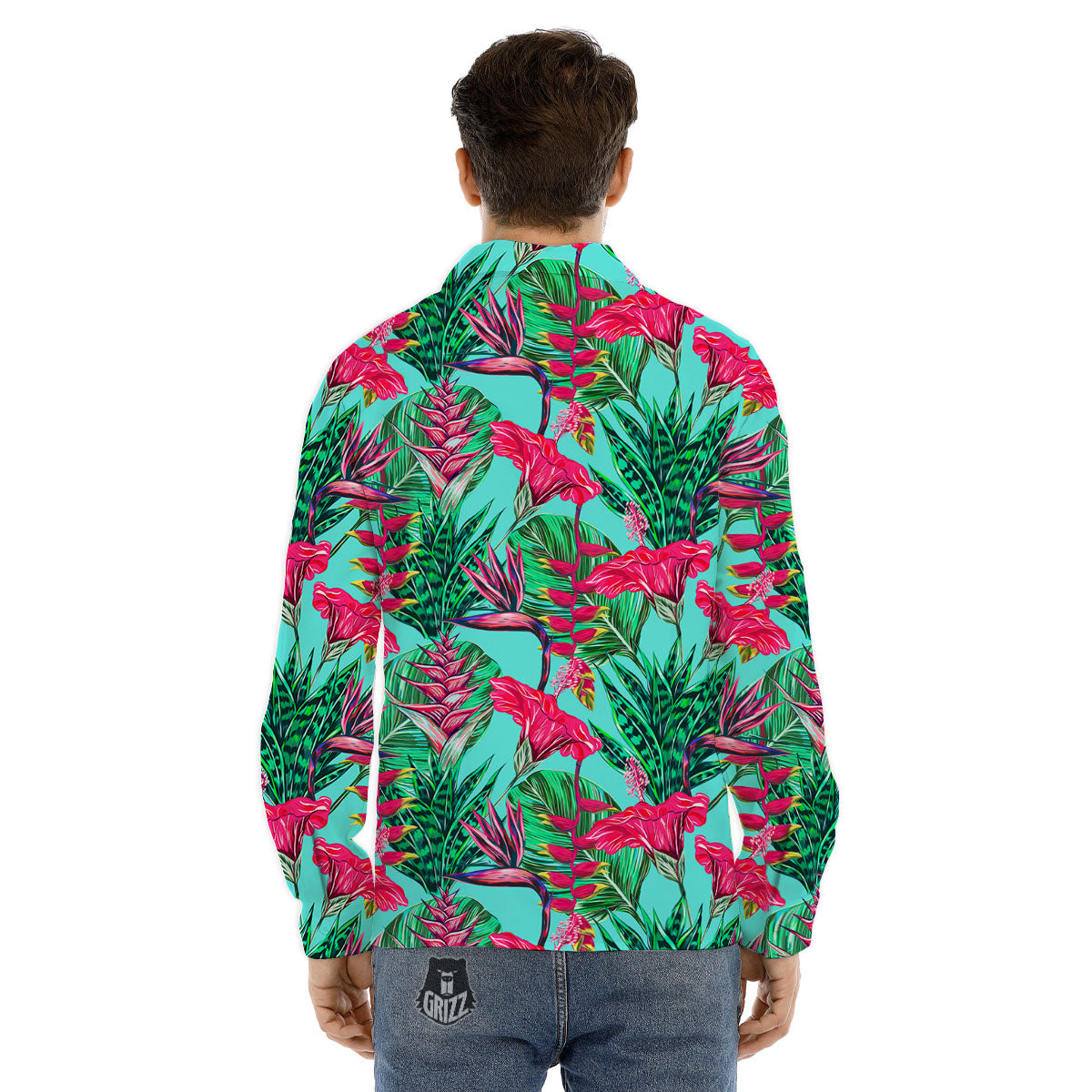 Aloha Hibiscus Hot Teal Pink Print Pattern Men's Dress Shirts-grizzshop
