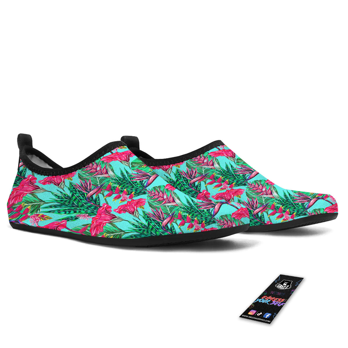 Aloha Hibiscus Hot Teal Pink Print Pattern Water Shoes-grizzshop