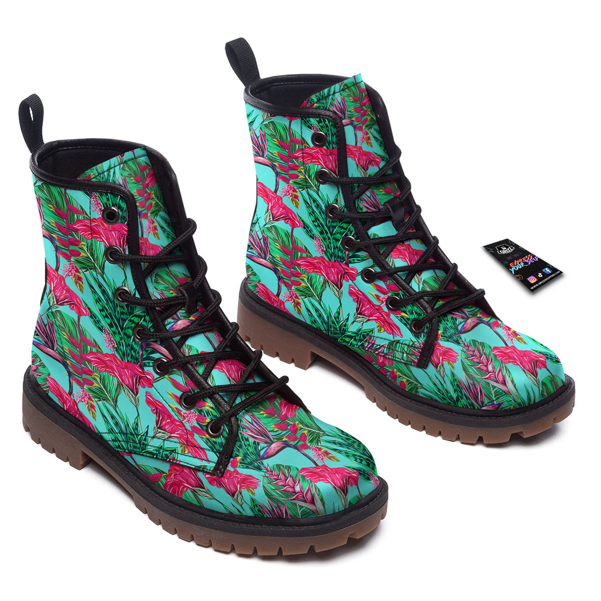 Aloha Hibiscus Hot Teal Pink Print Pattern Work Boots-grizzshop