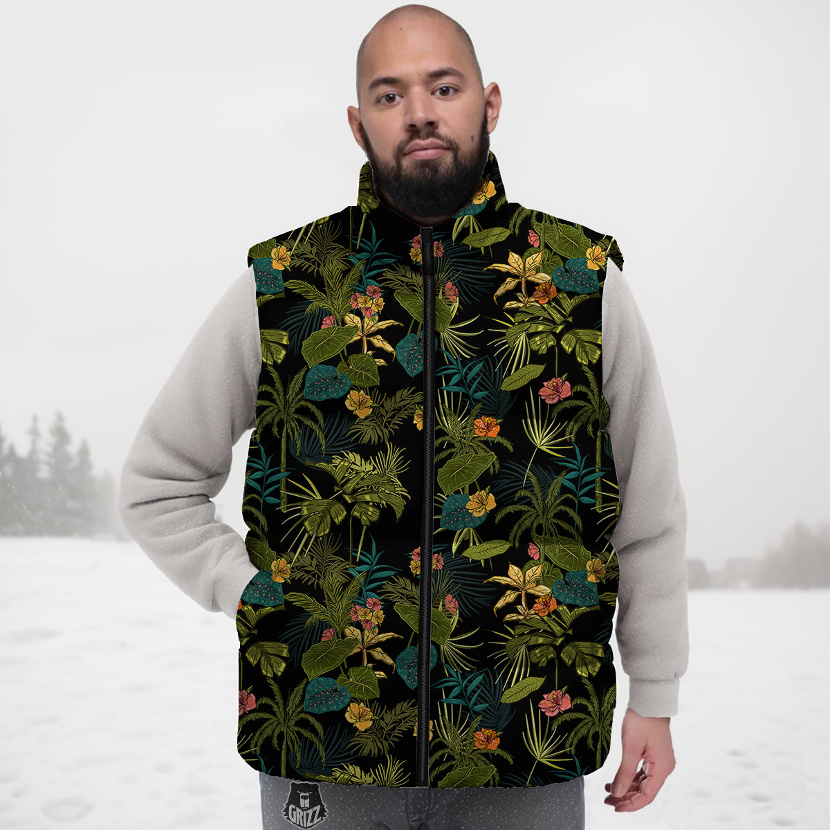 Aloha Hibiscus Tropical Print Pattern Down Vest-grizzshop