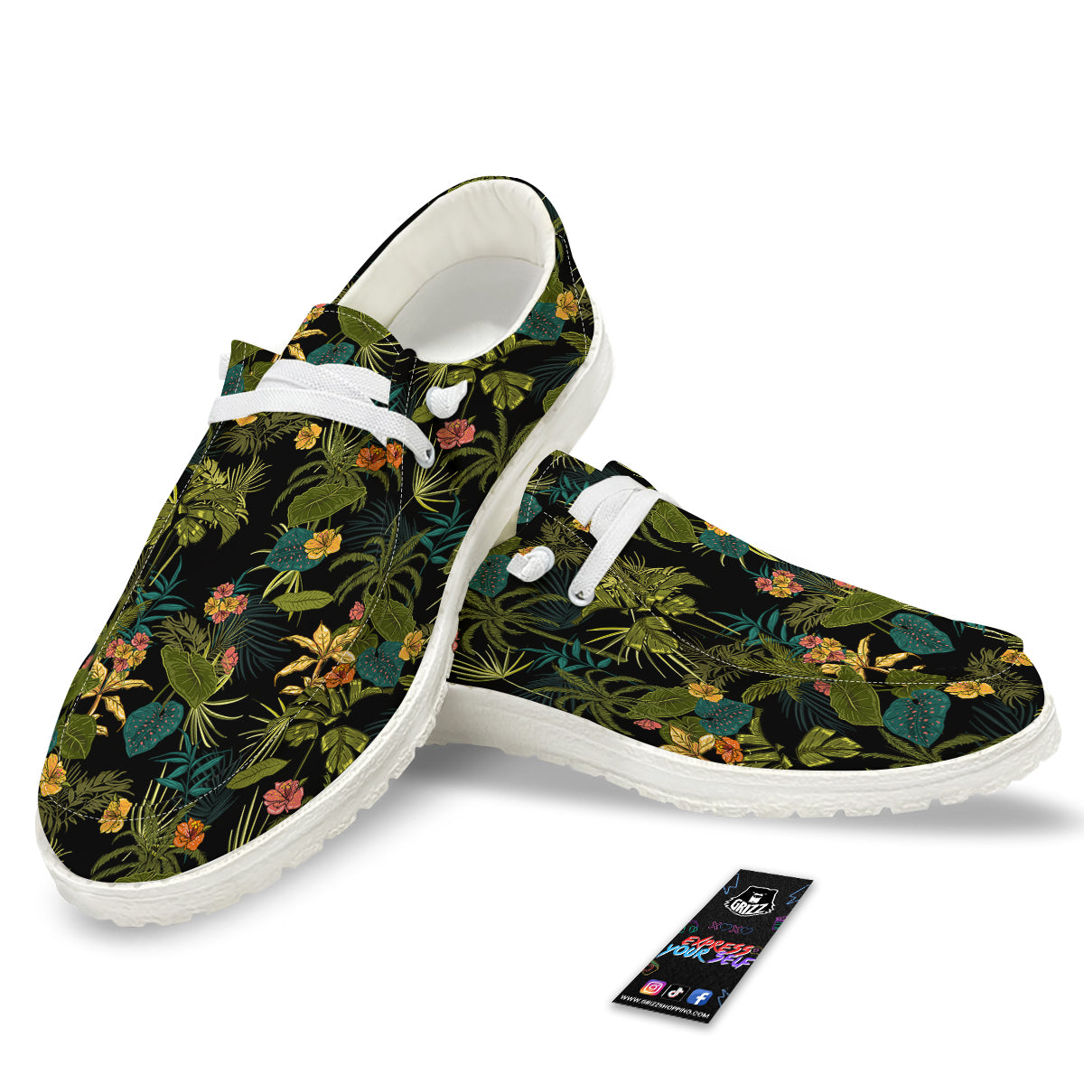 White Hibiscus Tropical Floral Hawaiian Print Canvas Shoes