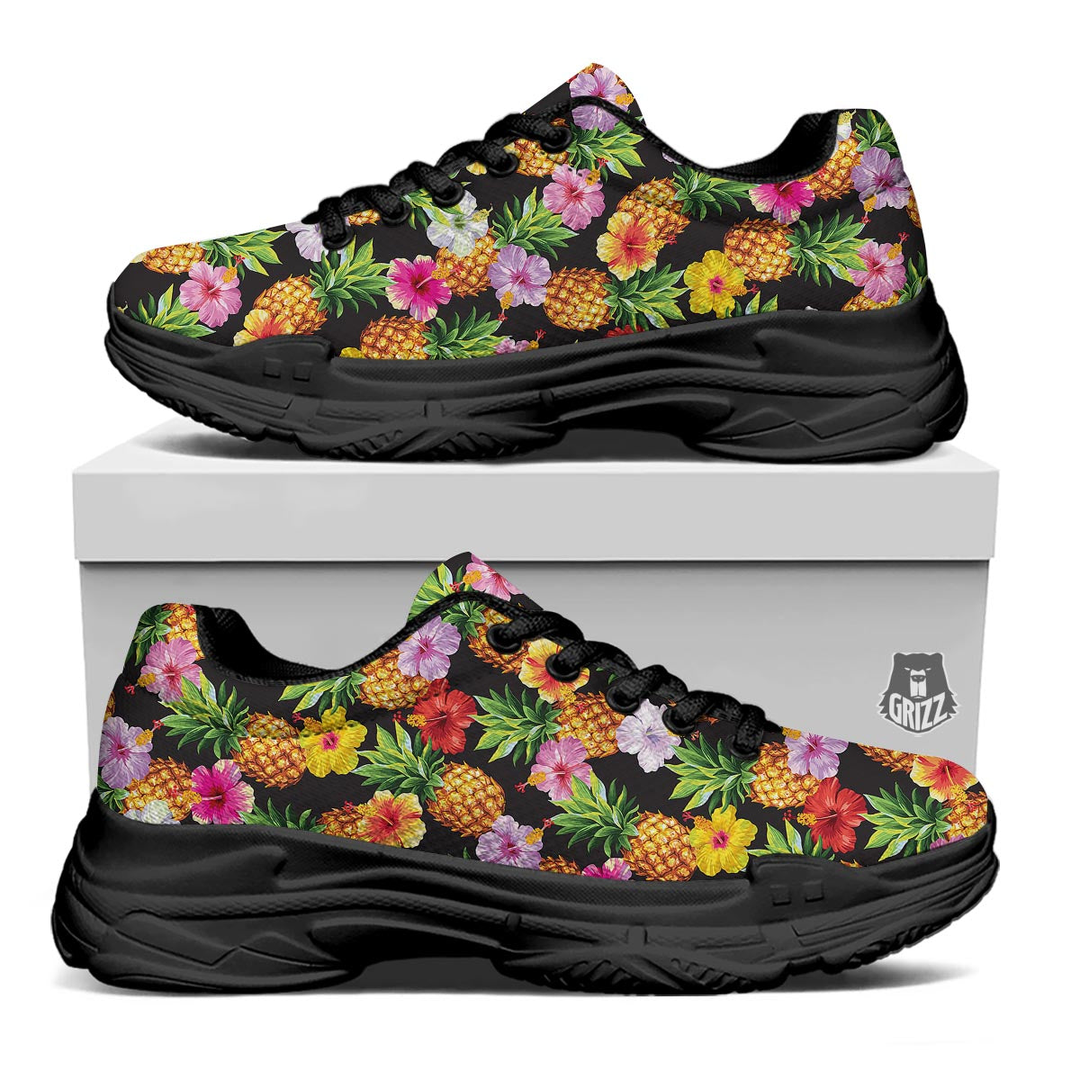 Aloha Pineapple Tropical Print Pattern Tropical Black Chunky Shoes-grizzshop