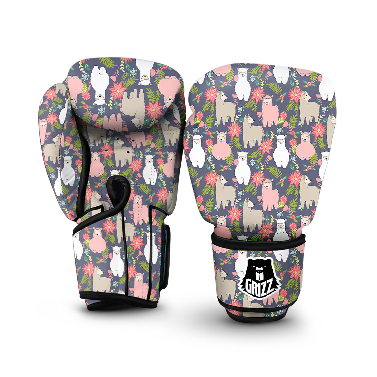 Alpaca Floral Pattern Print Boxing Gloves-grizzshop