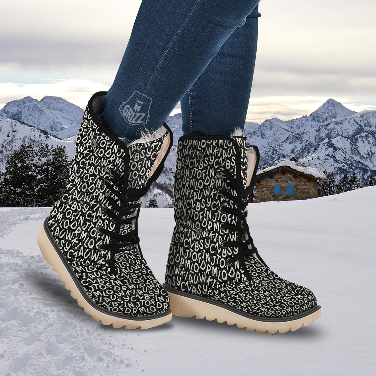 Alphabet Black Print Pattern Snow Boots-grizzshop