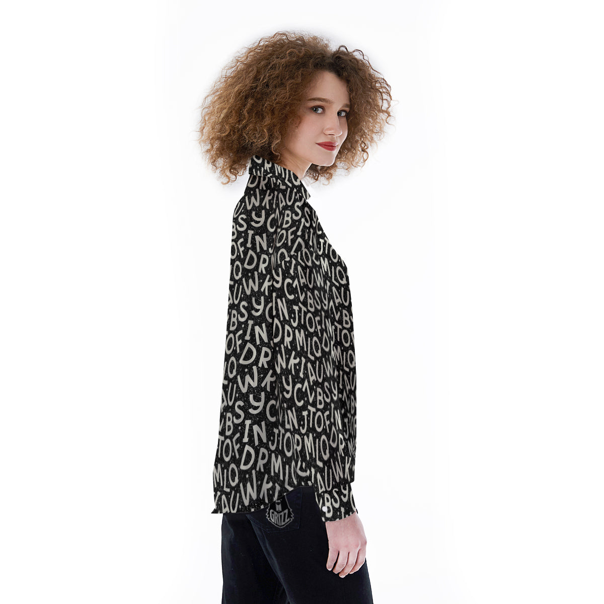 Alphabet Black Print Pattern Women's Long Sleeve Shirts-grizzshop