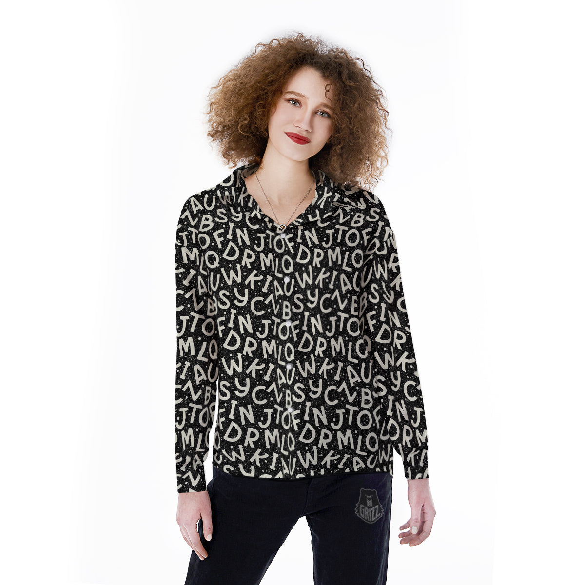 Alphabet Black Print Pattern Women's Long Sleeve Shirts-grizzshop