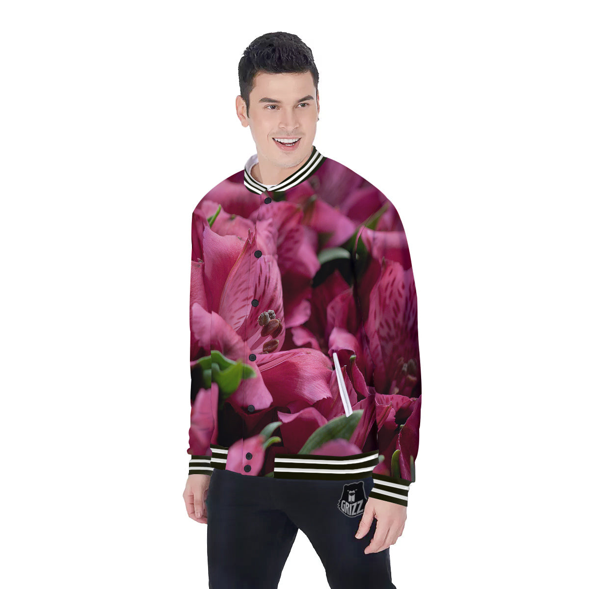 Alstroemeria Burgundy Print Baseball Jacket-grizzshop
