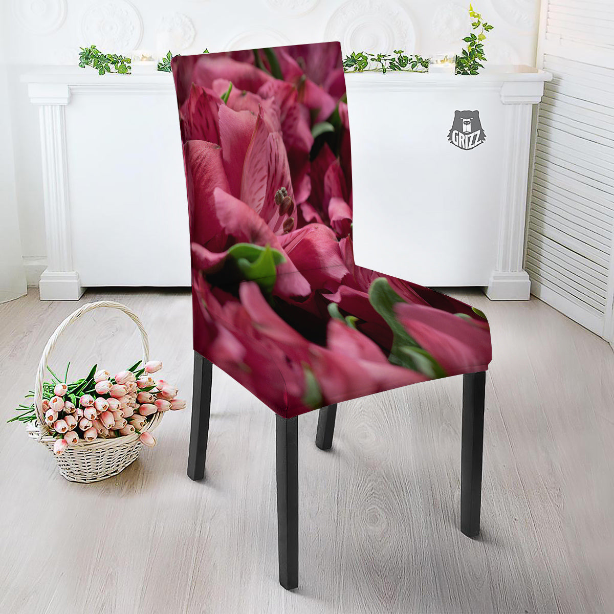 Alstroemeria Burgundy Print Dining Chair Slipcover-grizzshop