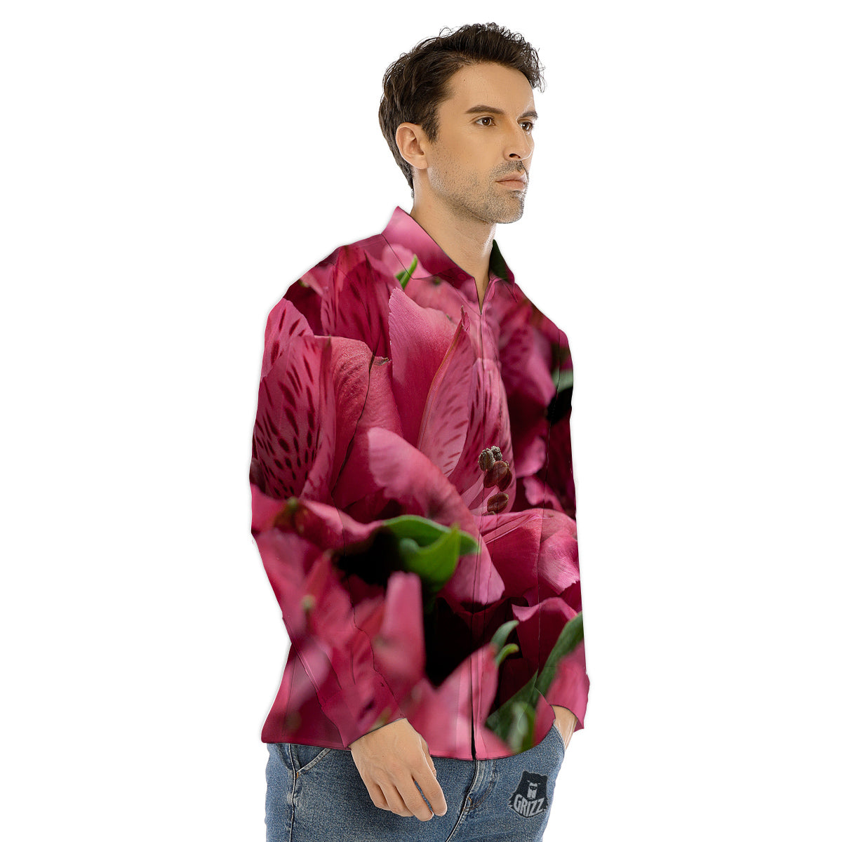 Alstroemeria Burgundy Print Men's Dress Shirts-grizzshop