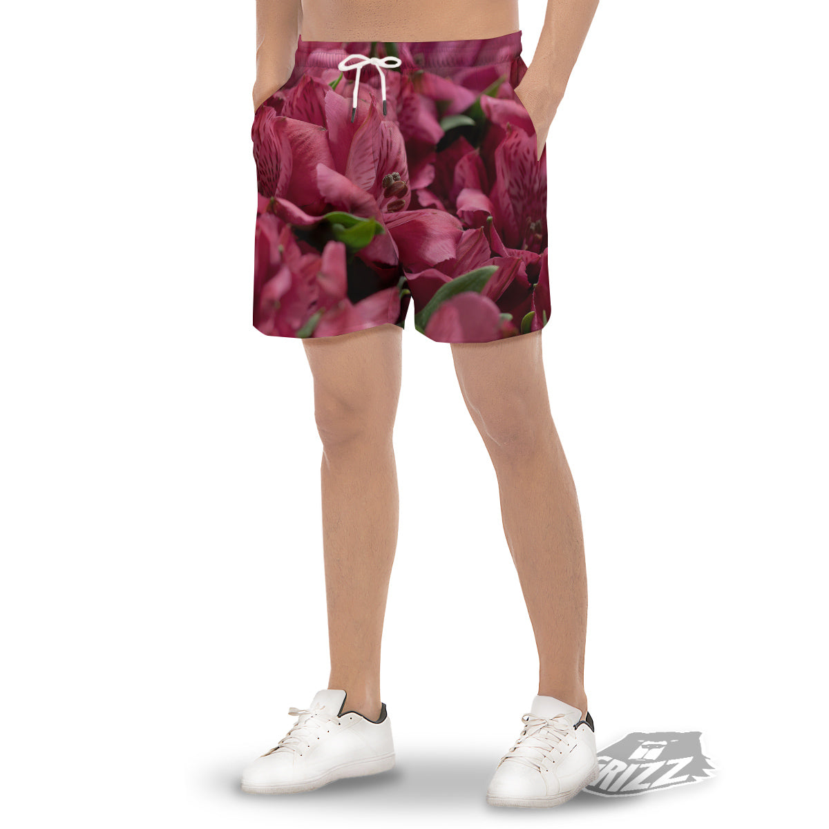 Alstroemeria Burgundy Print Men's Gym Shorts-grizzshop