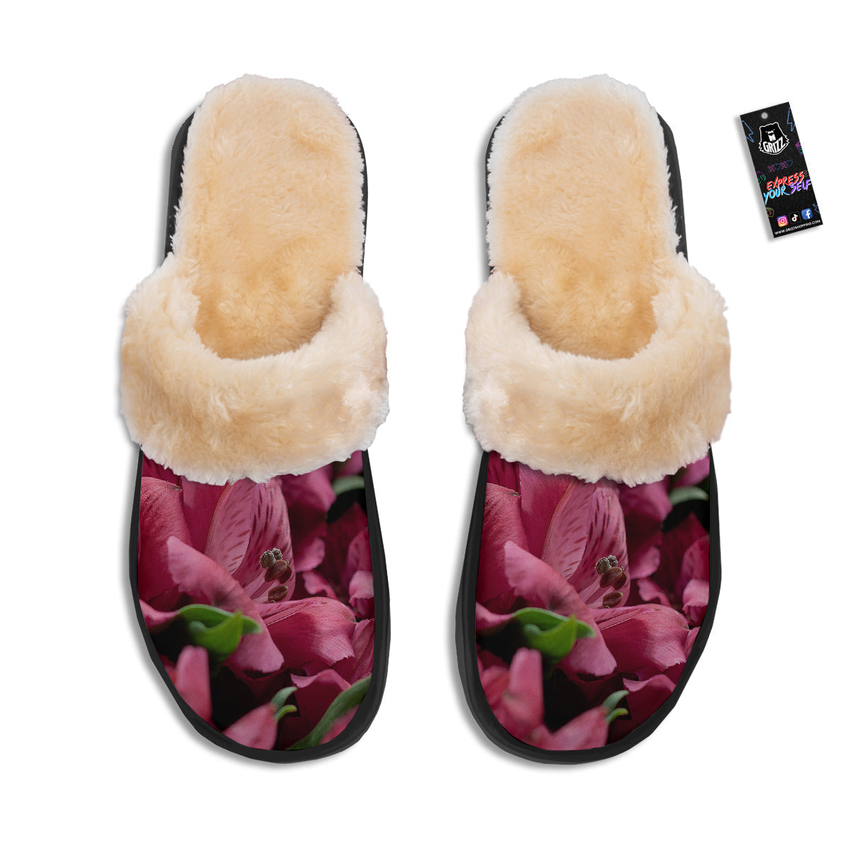 Alstroemeria Burgundy Print Slippers-grizzshop