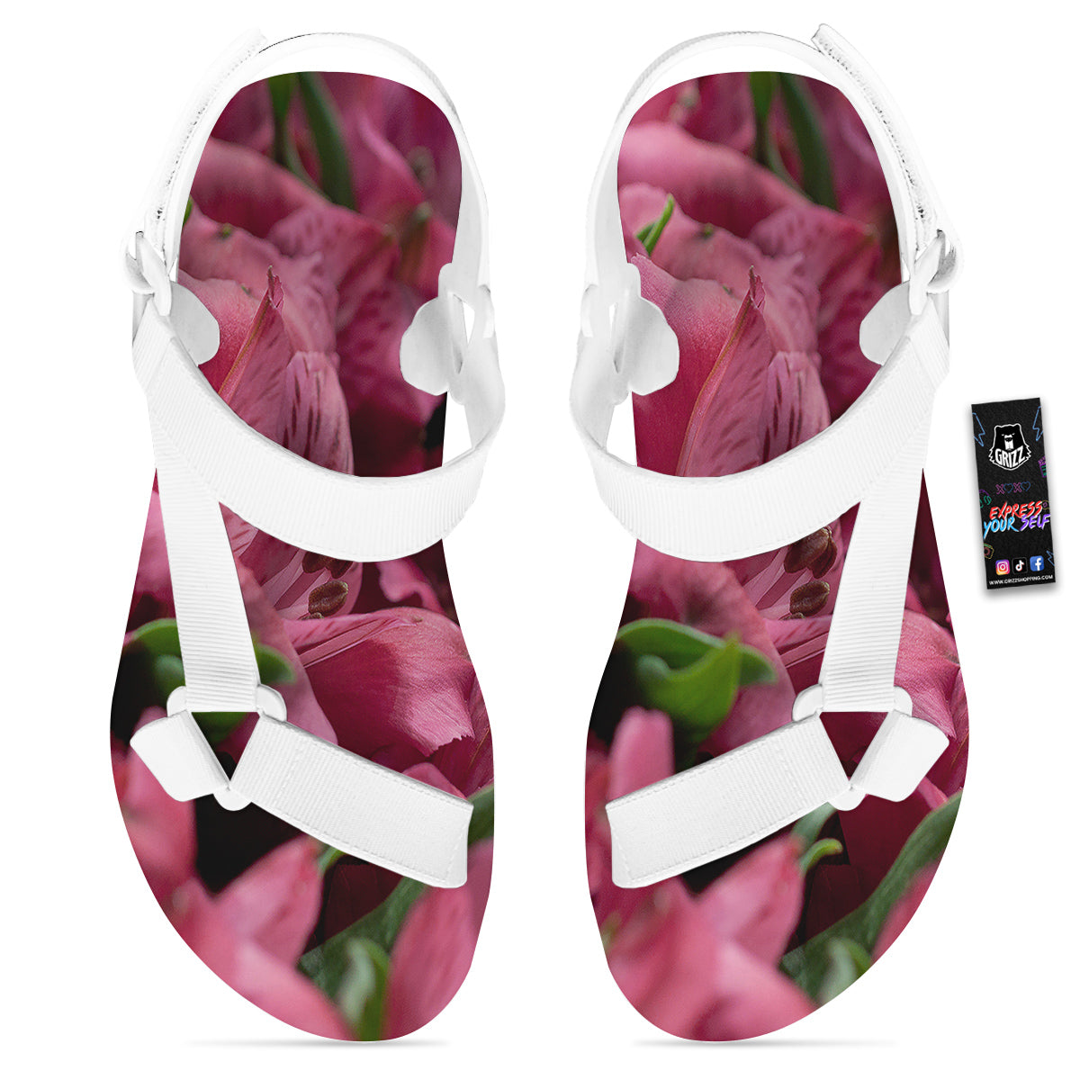 Alstroemeria Burgundy Print White Open Toe Sandals-grizzshop