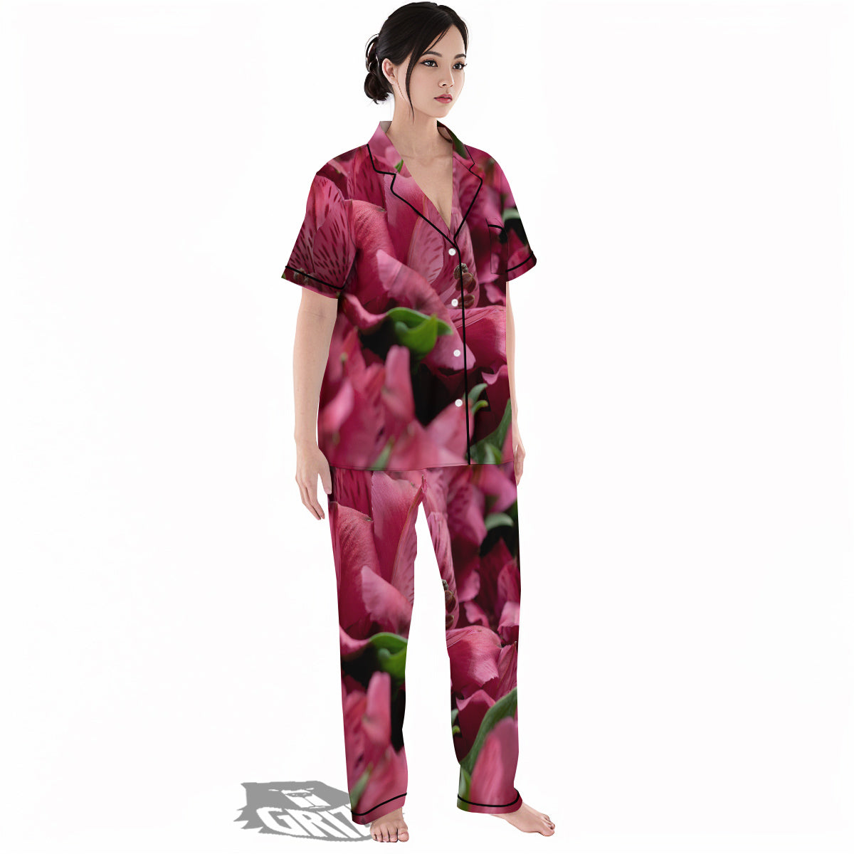 Alstroemeria Burgundy Print Women's Pajamas Set-grizzshop