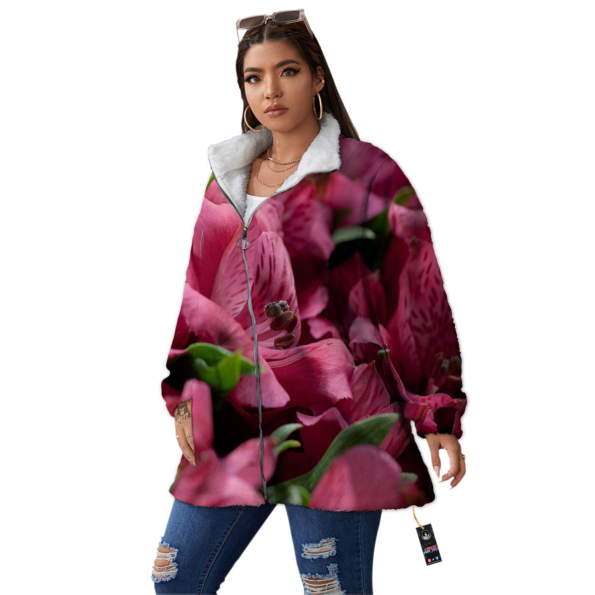 Alstroemeria Burgundy Print Women's Sherpa Jacket-grizzshop