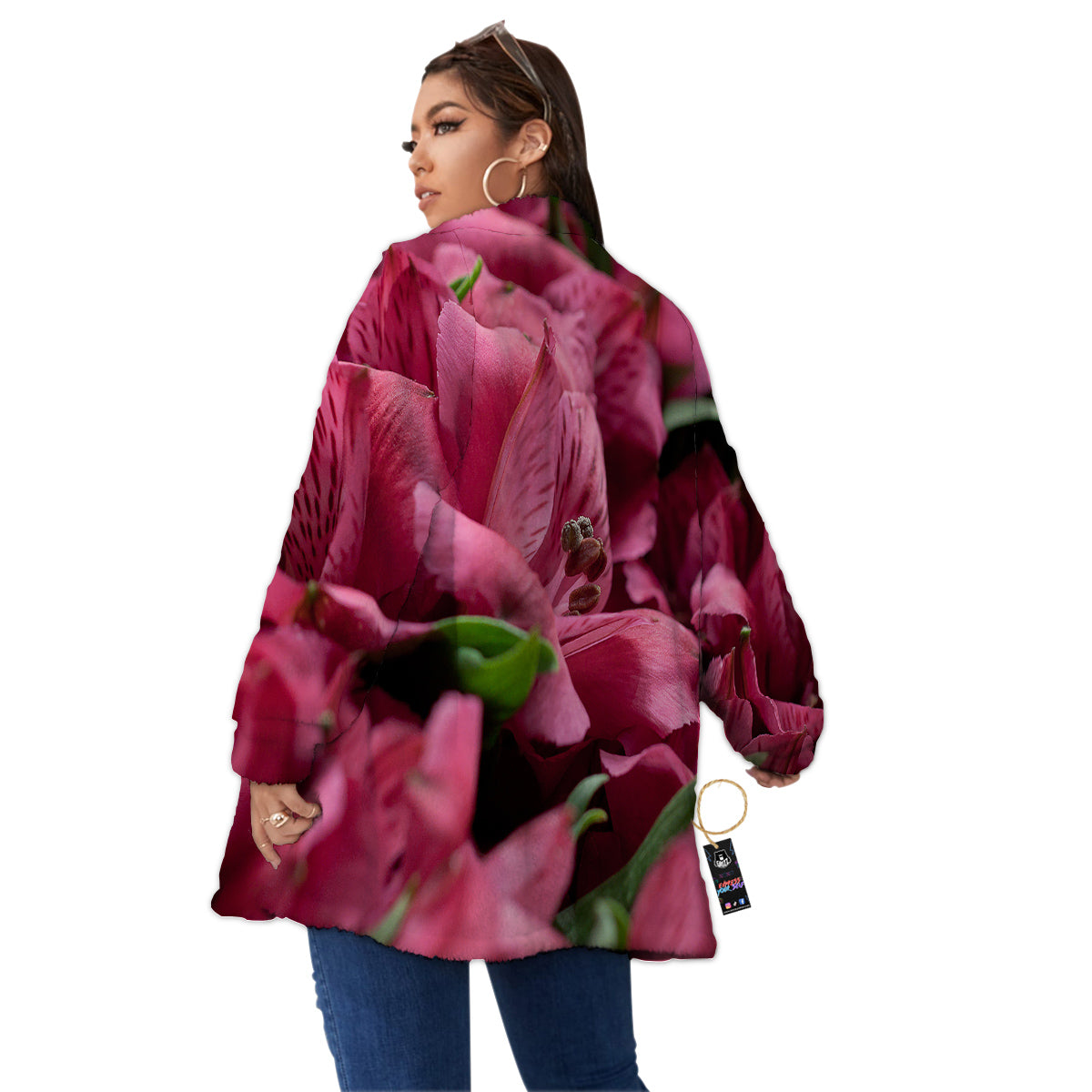 Alstroemeria Burgundy Print Women's Sherpa Jacket-grizzshop