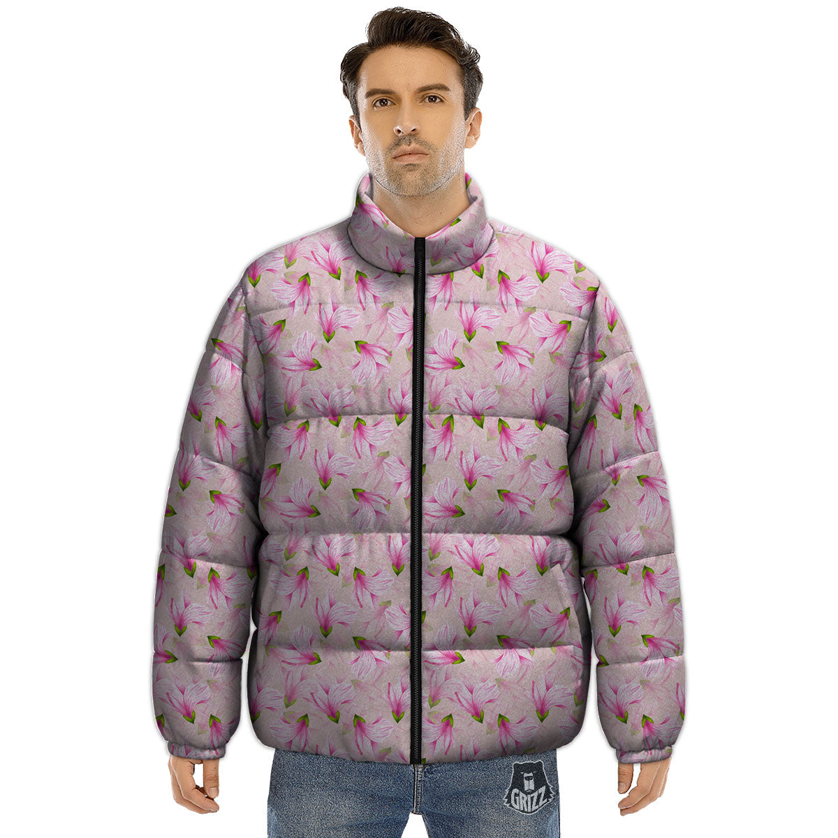 Alstroemeria Pink Print Pattern Puffer Jacket-grizzshop