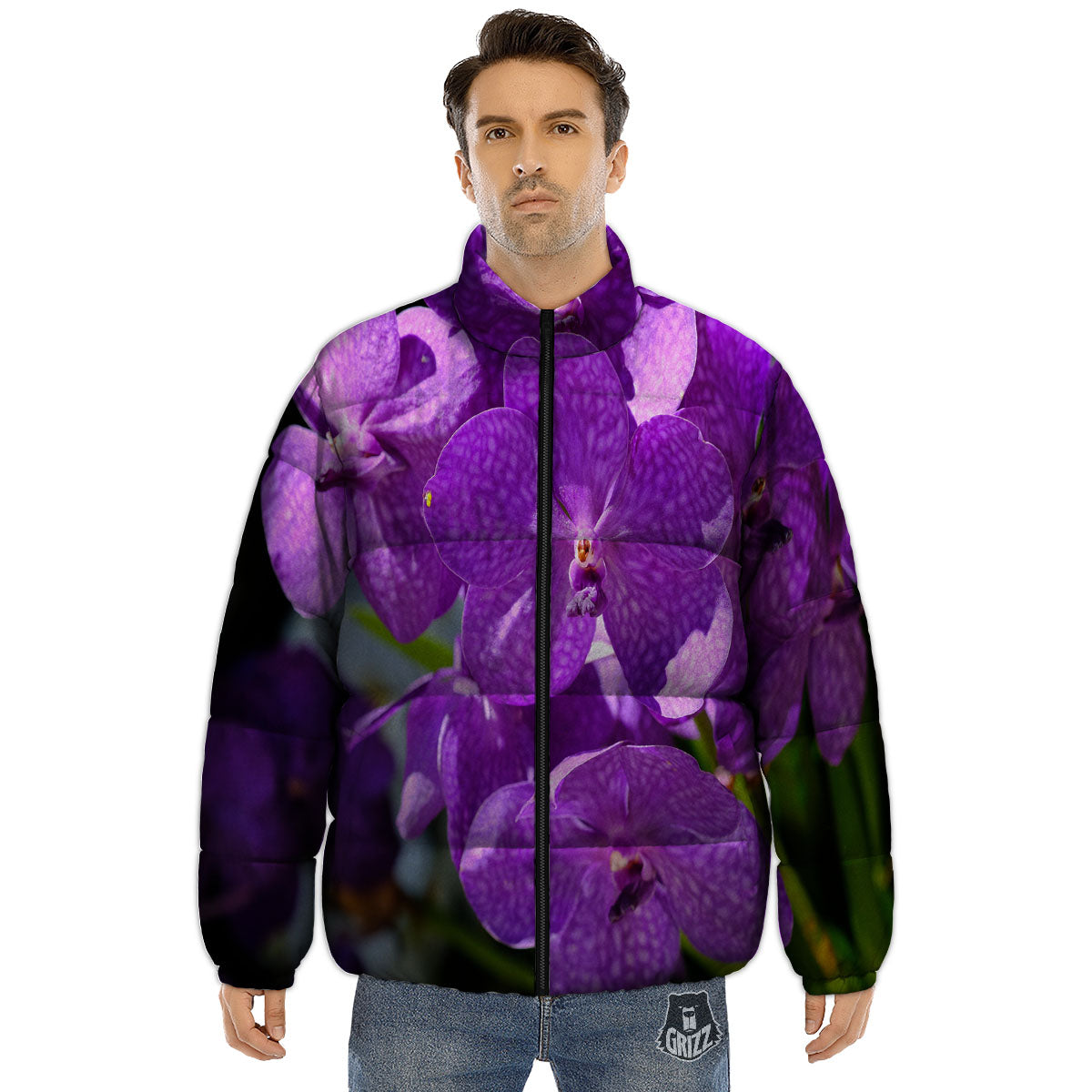 Alstroemeria Purple Print Puffer Jacket-grizzshop