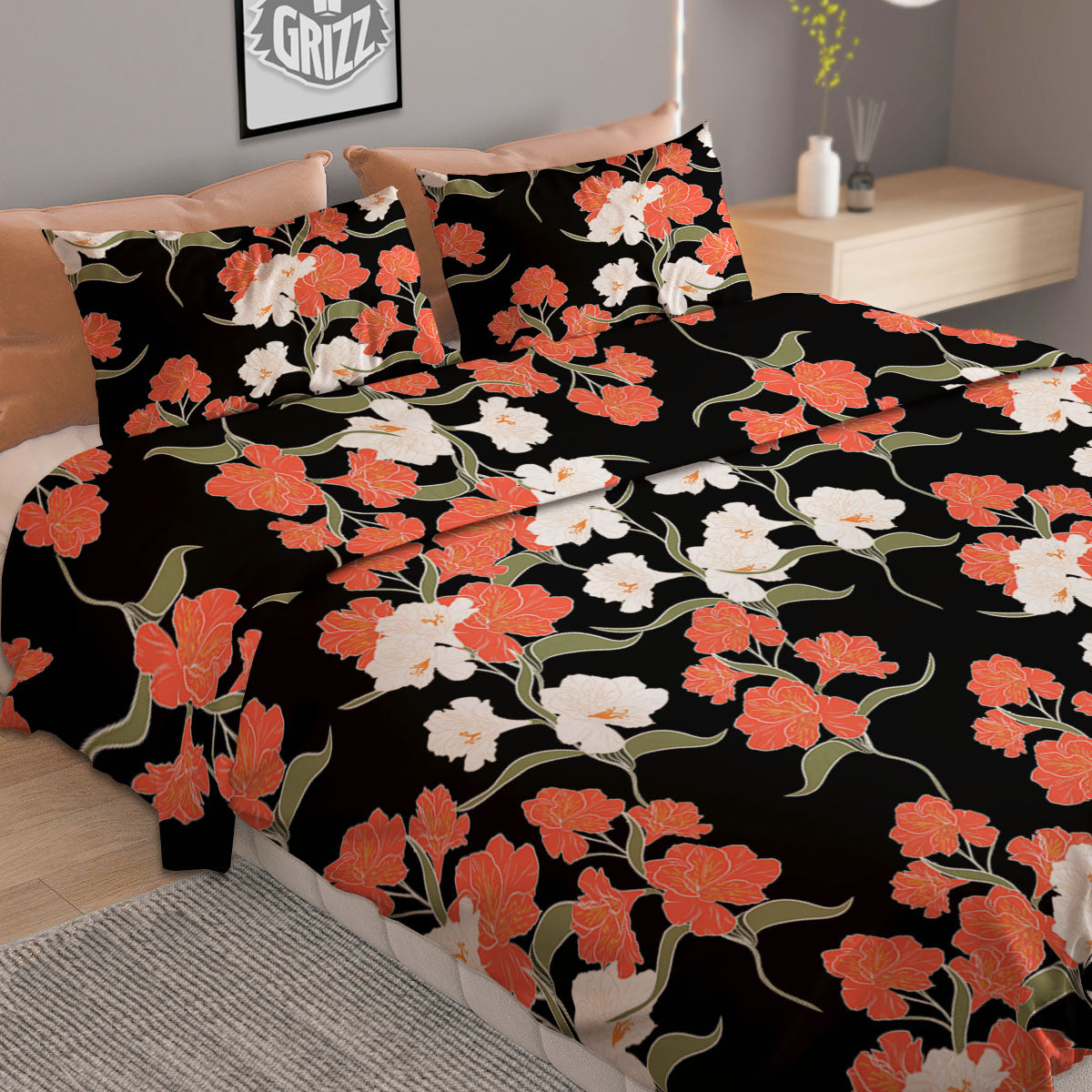 Alstroemeria Watercolor Print Pattern Duvet Cover Bedding Set