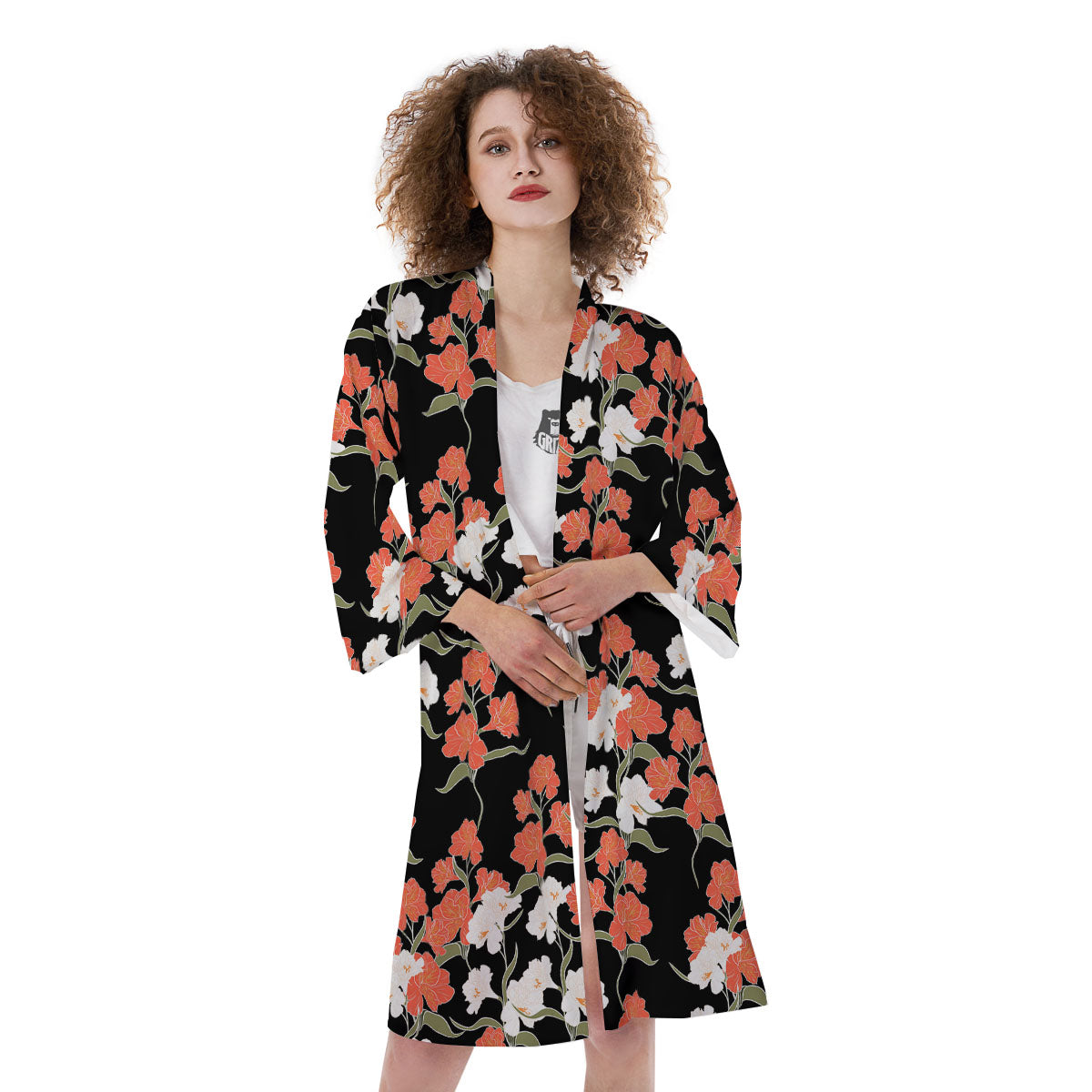 Alstroemeria Red Print Pattern Kimono-grizzshop