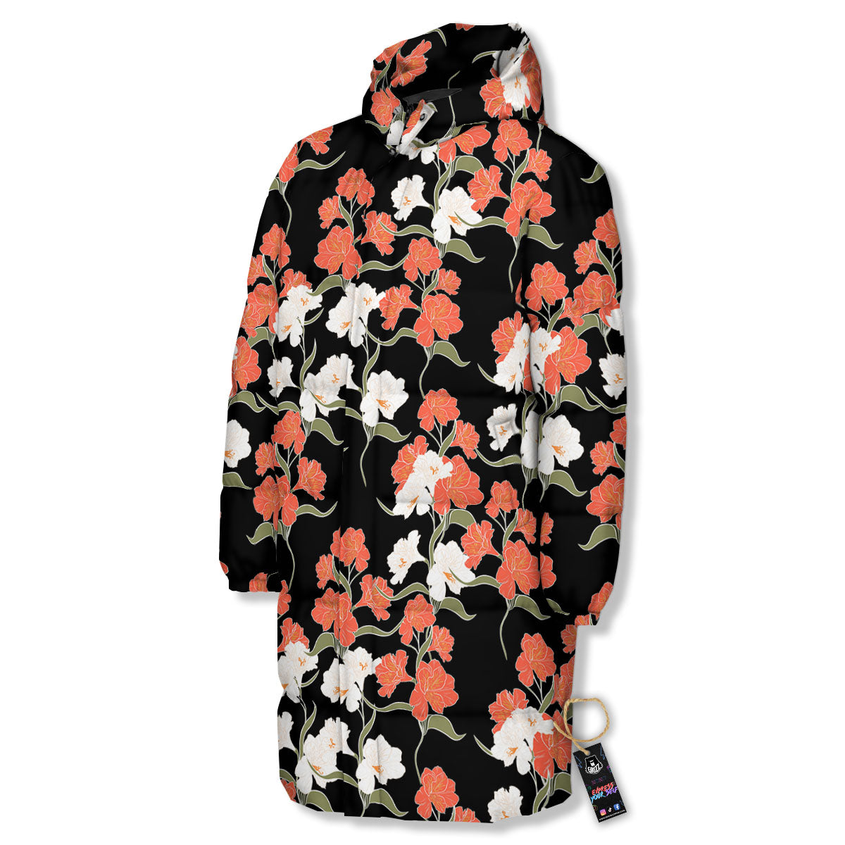 Alstroemeria Red Print Pattern Long Down Jacket-grizzshop