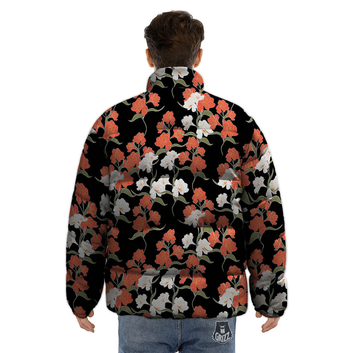 Alstroemeria Red Print Pattern Puffer Jacket-grizzshop