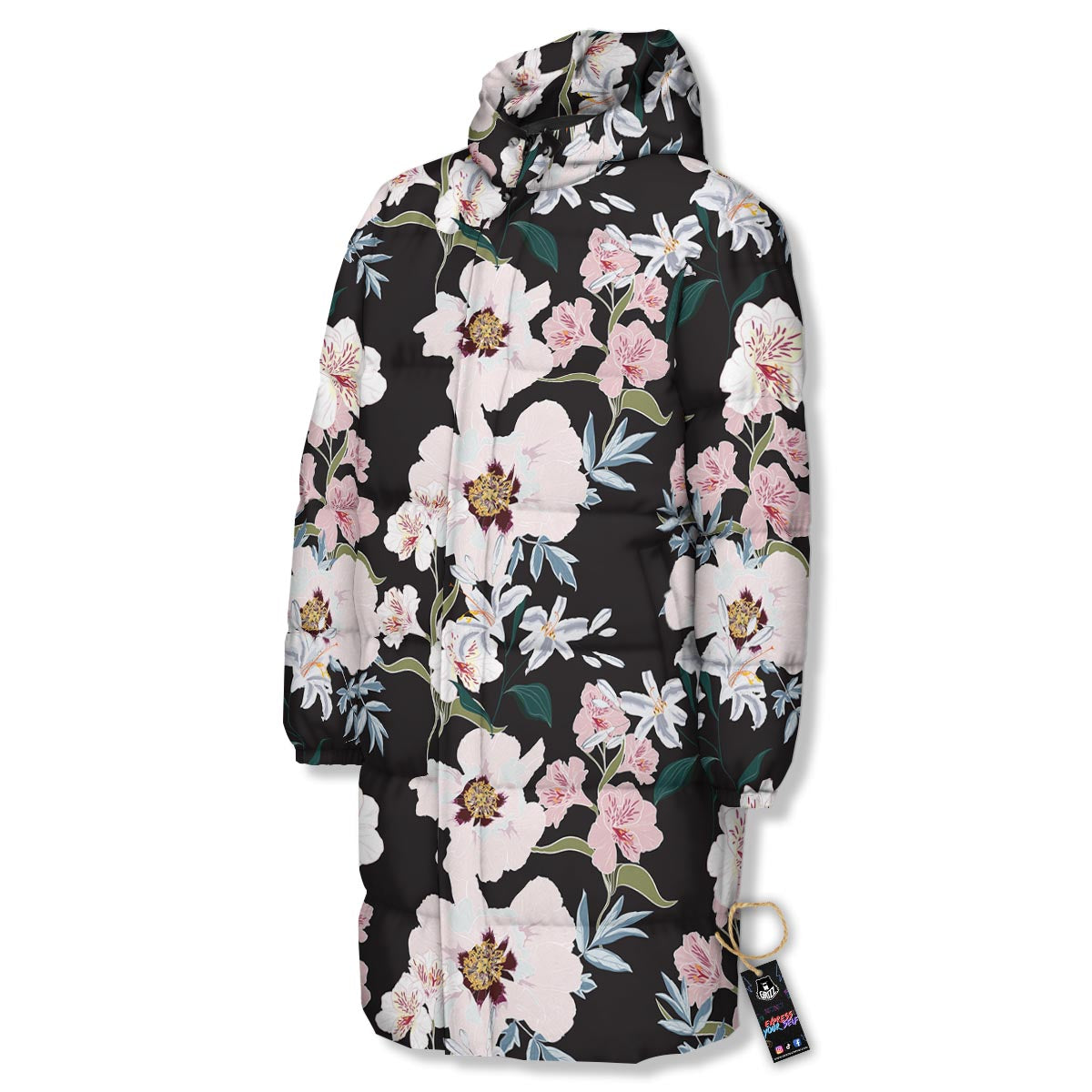 Alstroemeria Tropical Print Pattern Long Down Jacket-grizzshop