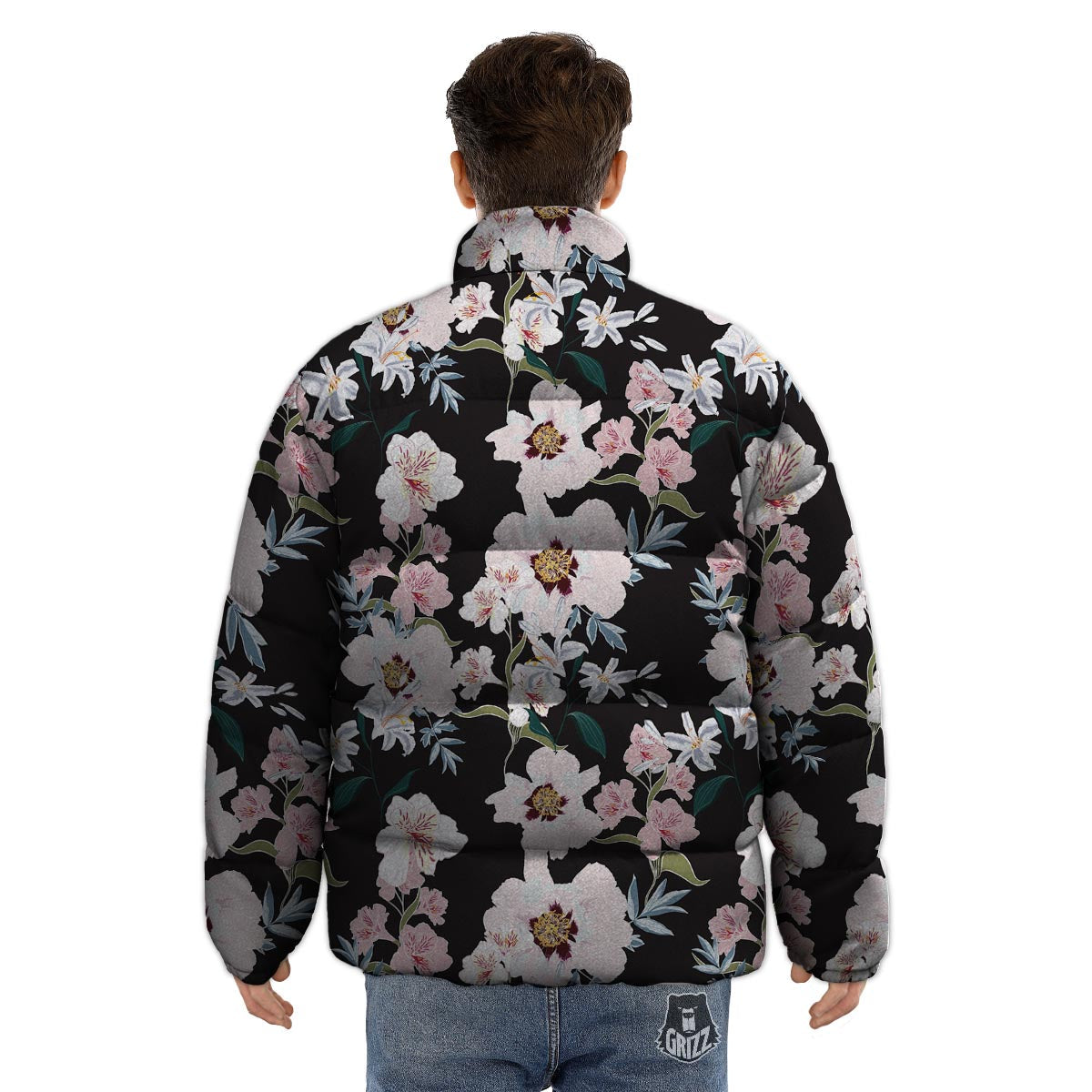 Alstroemeria Tropical Print Pattern Puffer Jacket-grizzshop