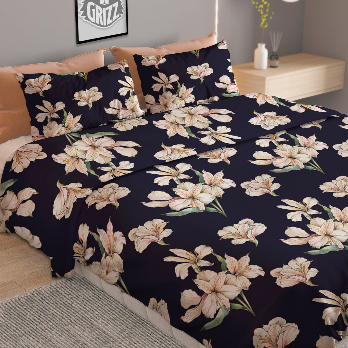 Alstroemeria Watercolor Print Pattern Duvet Cover Bedding Set
