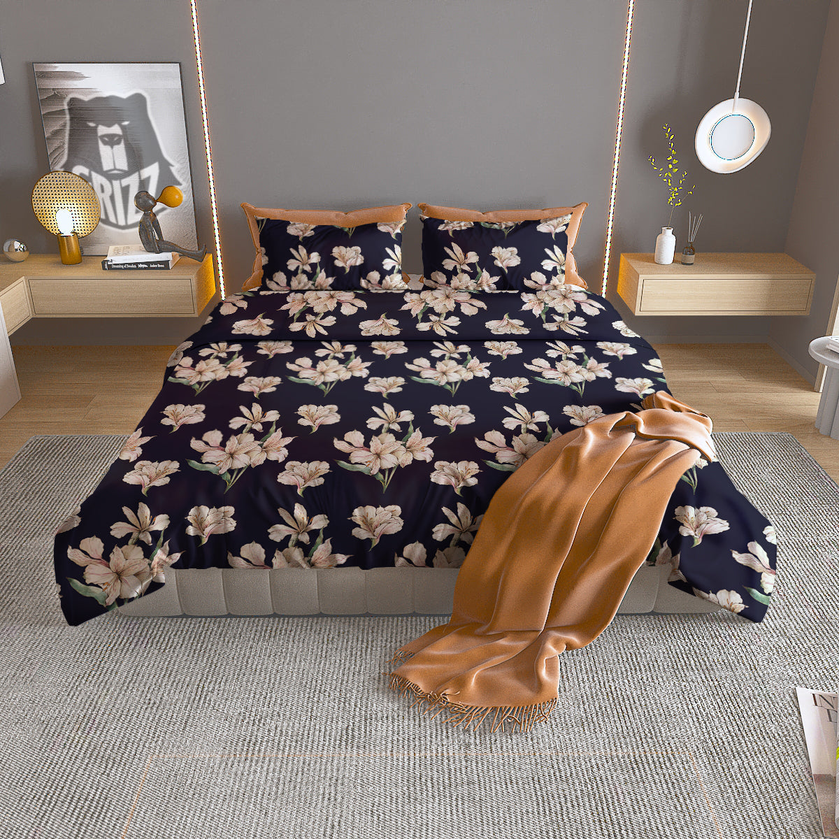 Alstroemeria Watercolor Print Pattern Duvet Cover Bedding Set