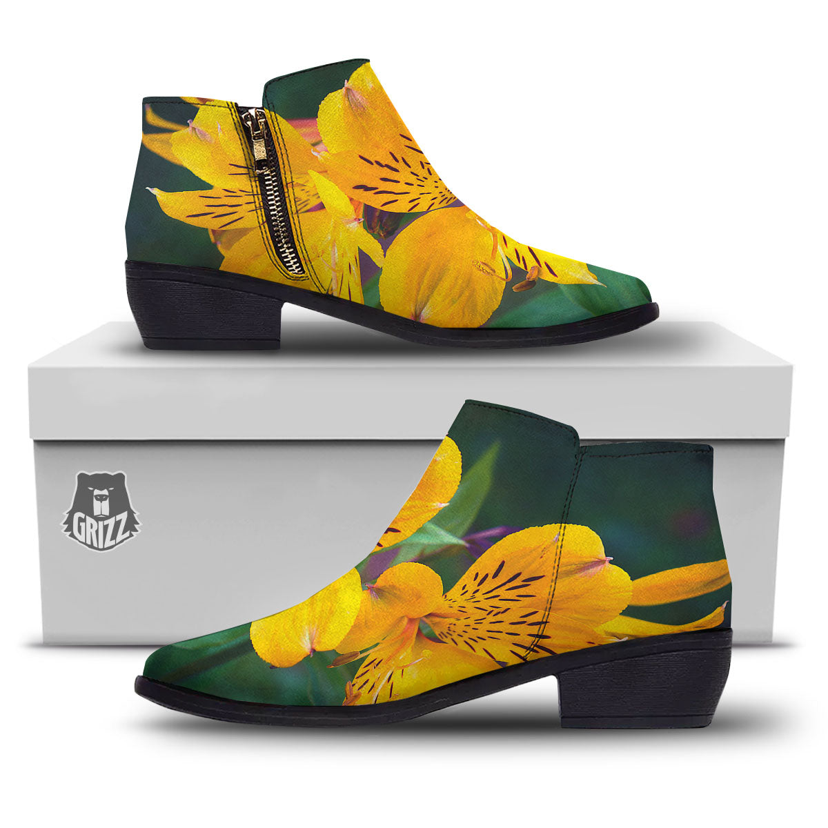 Alstroemeria Yellow Print Ankle Boots-grizzshop