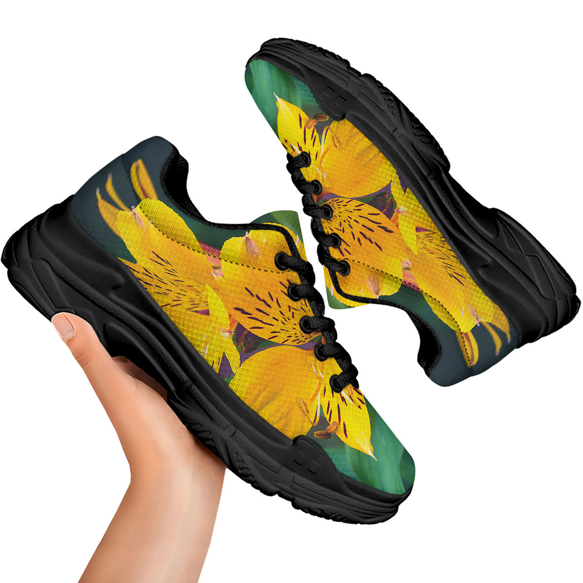 Alstroemeria Yellow Print Black Chunky Shoes-grizzshop