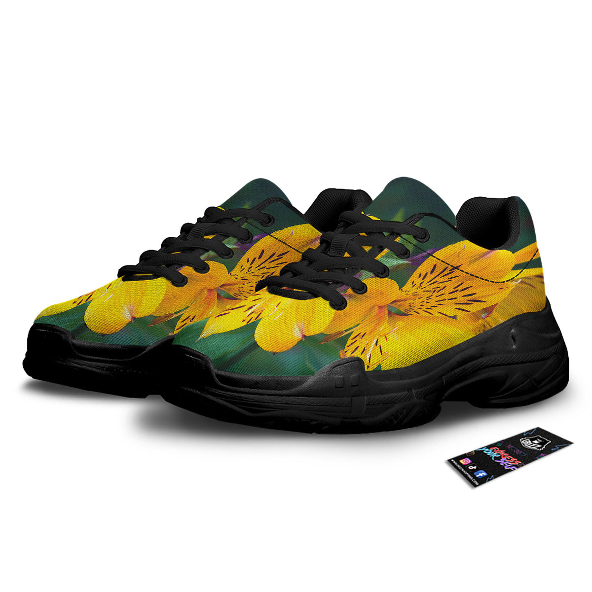 Alstroemeria Yellow Print Black Chunky Shoes-grizzshop