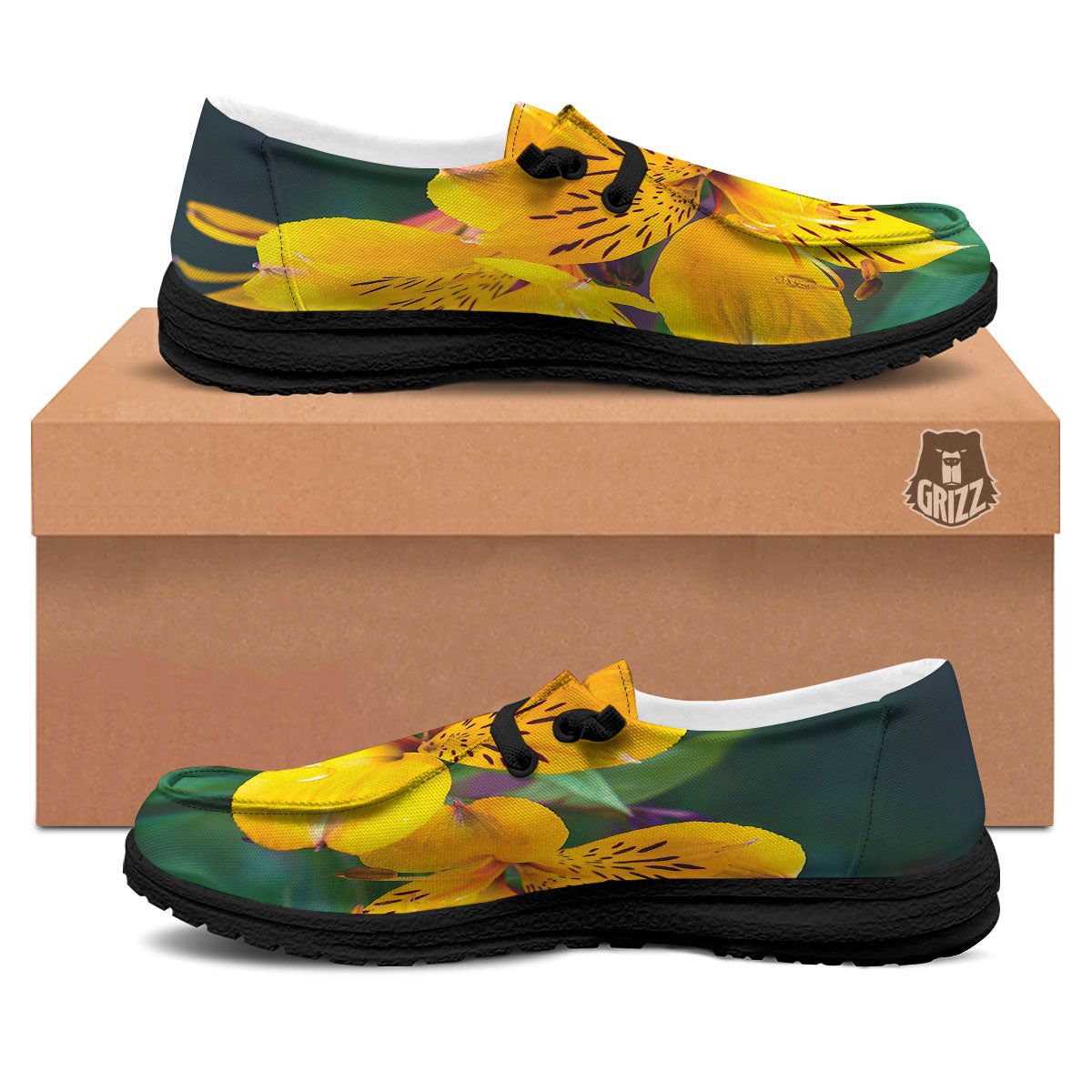 Alstroemeria Yellow Print Black Loafers-grizzshop
