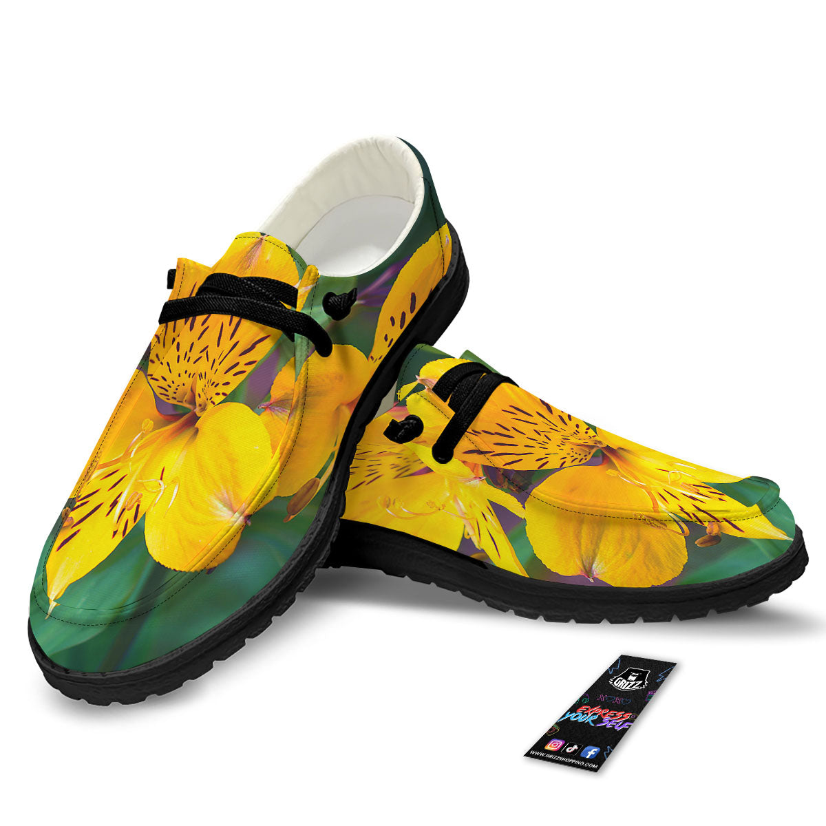 Alstroemeria Yellow Print Black Loafers-grizzshop