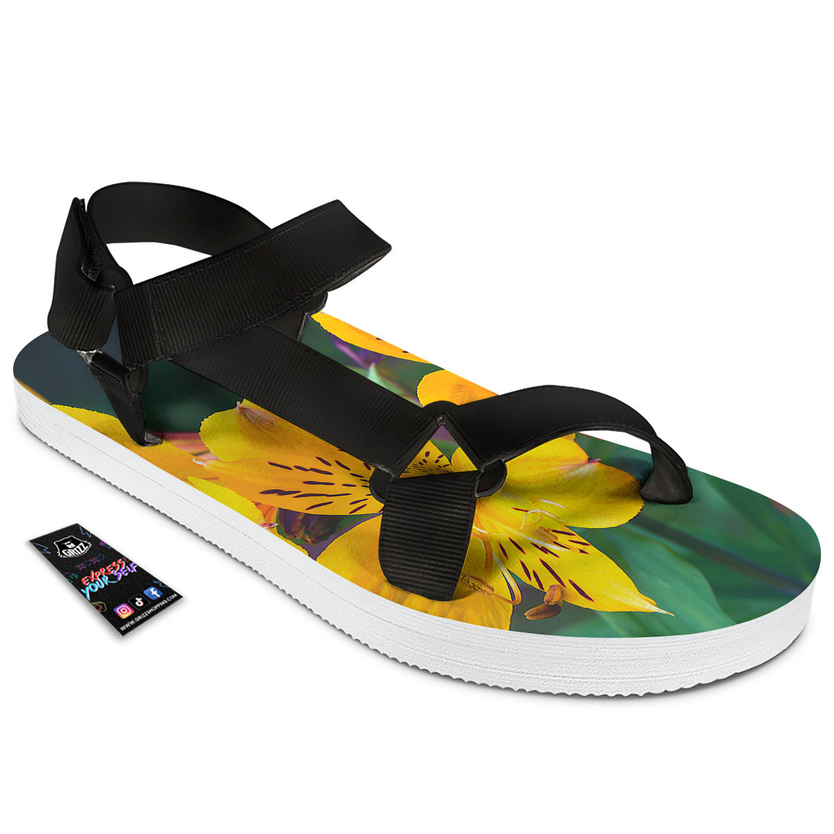 Alstroemeria Yellow Print Black Open Toe Sandals-grizzshop