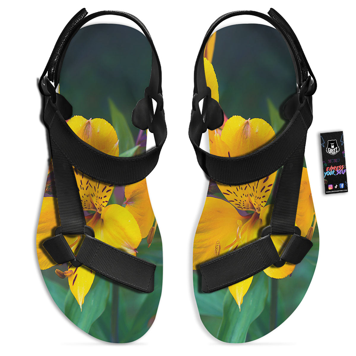 Alstroemeria Yellow Print Black Open Toe Sandals-grizzshop