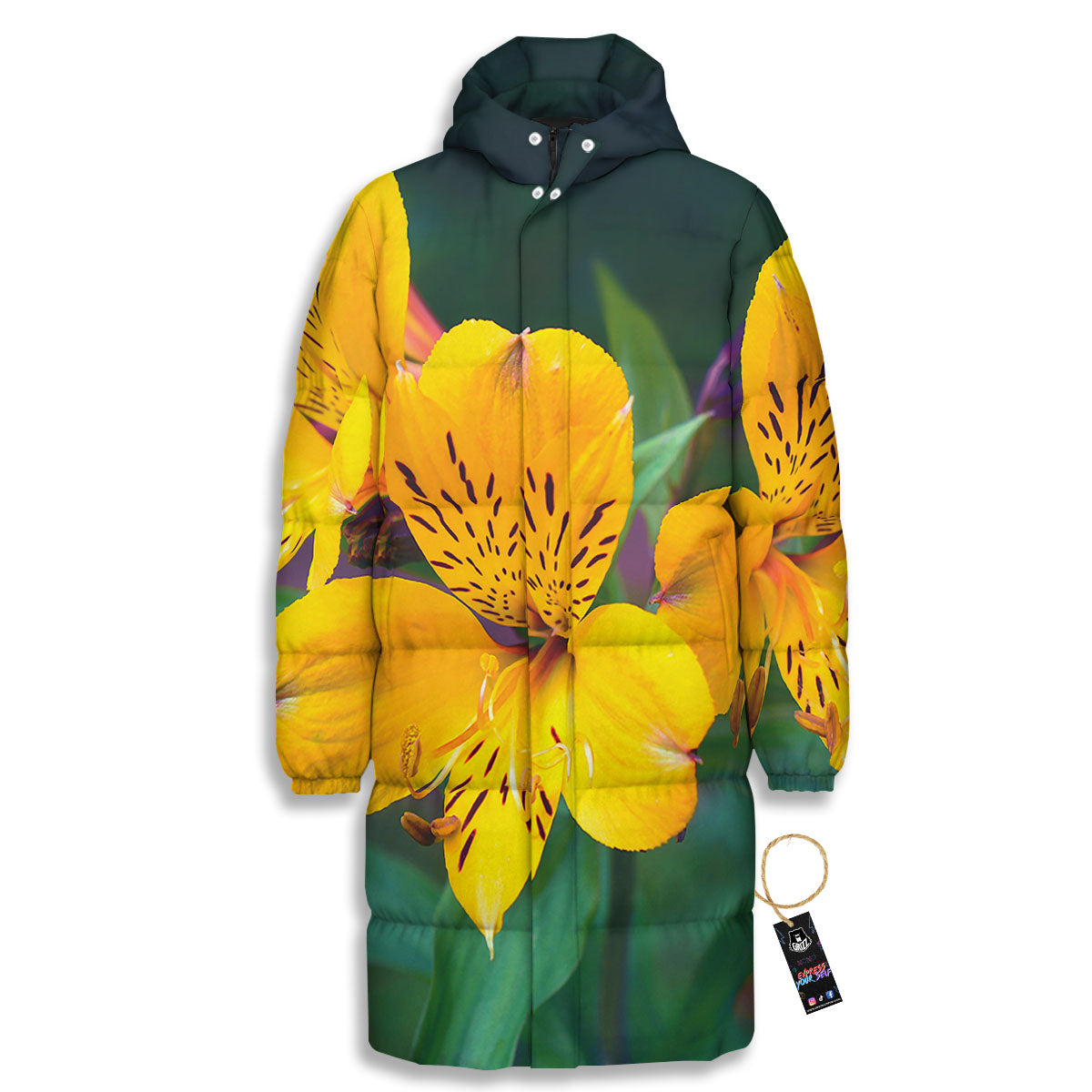 Alstroemeria Yellow Print Long Down Jacket-grizzshop