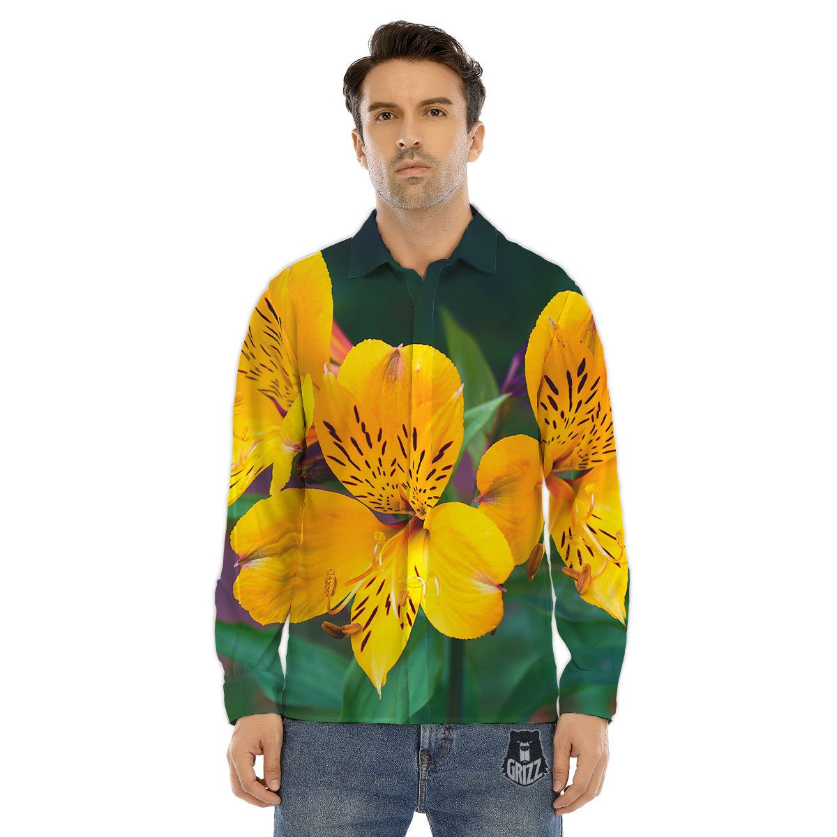 Alstroemeria Yellow Print Men's Dress Shirts-grizzshop