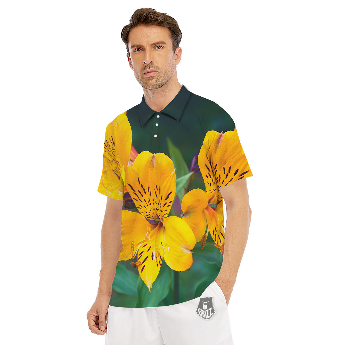 Alstroemeria Yellow Print Men's Golf Shirts-grizzshop