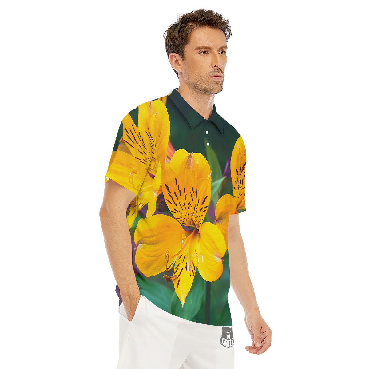 Alstroemeria Yellow Print Men's Golf Shirts-grizzshop