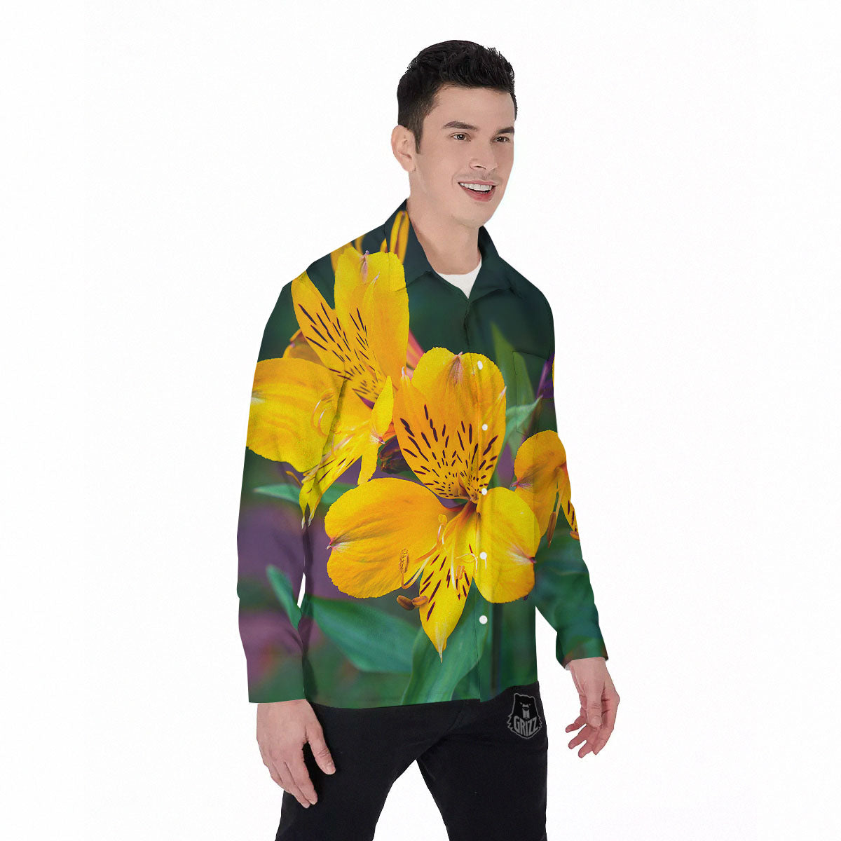 Alstroemeria Yellow Print Men's Long Sleeve Shirts-grizzshop