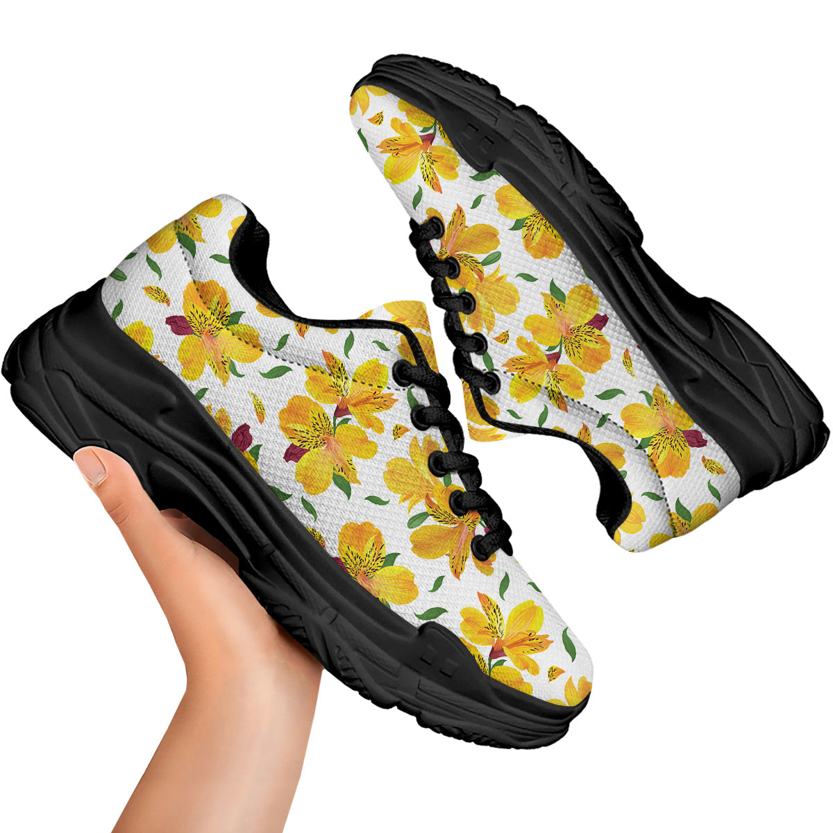 Alstroemeria Yellow Print Pattern Black Chunky Shoes-grizzshop