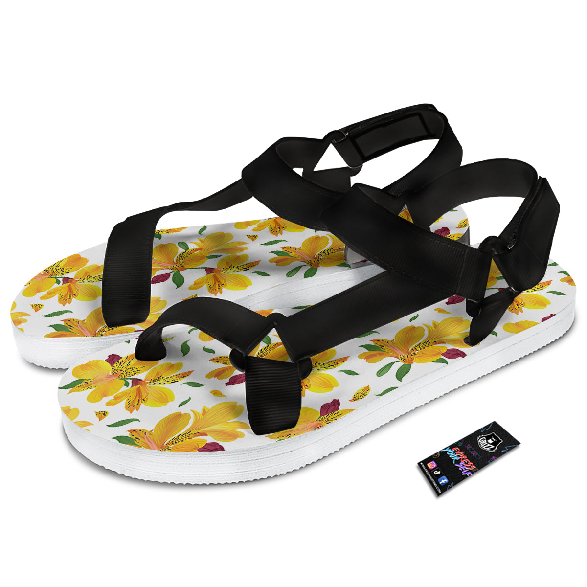 Alstroemeria Yellow Print Pattern Black Open Toe Sandals-grizzshop