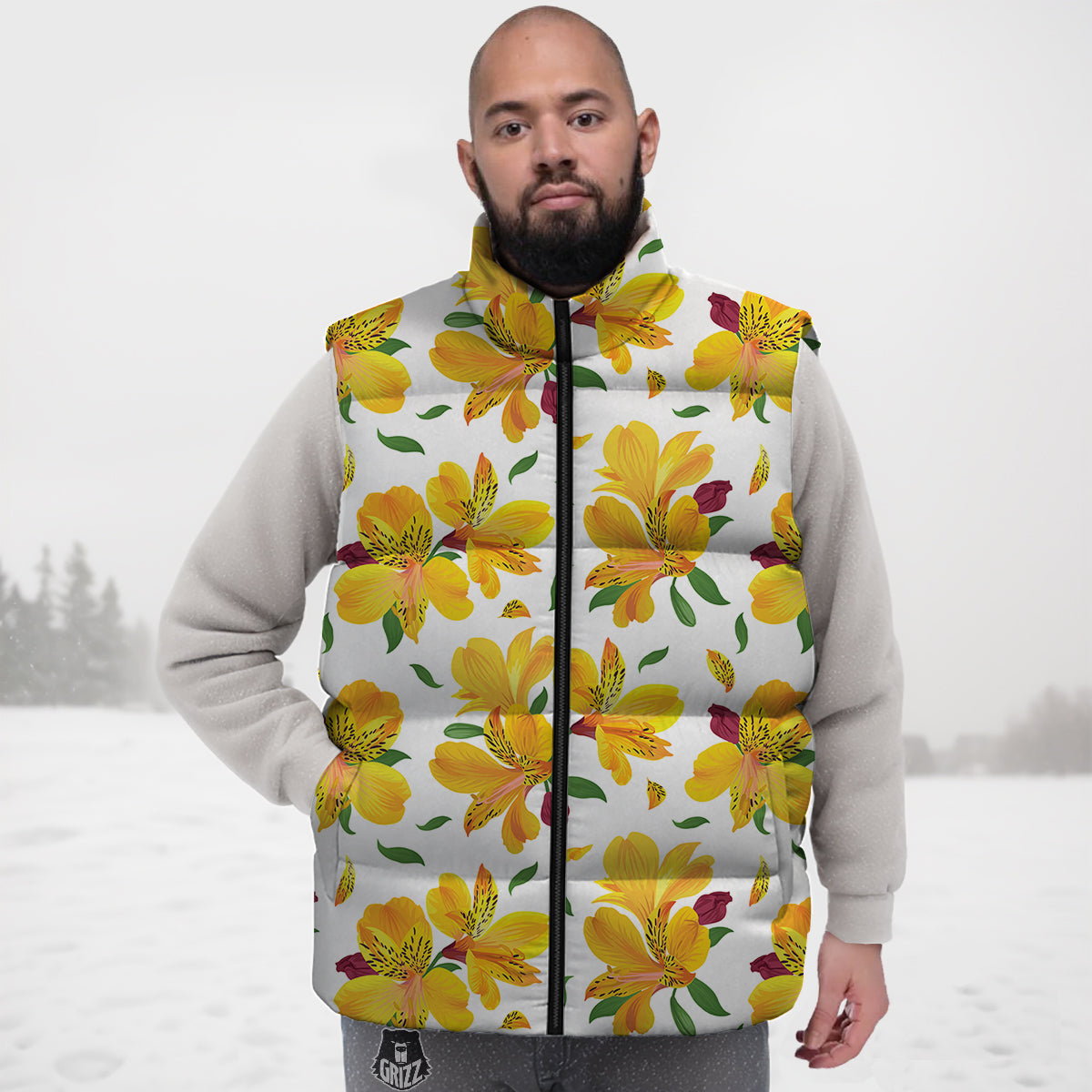 Alstroemeria Yellow Print Pattern Down Vest-grizzshop