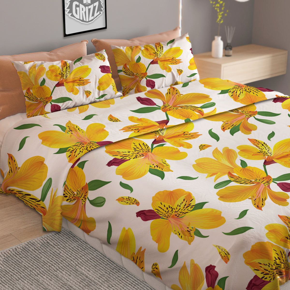 Alstroemeria Yellow Print Pattern Duvet Cover Bedding Set